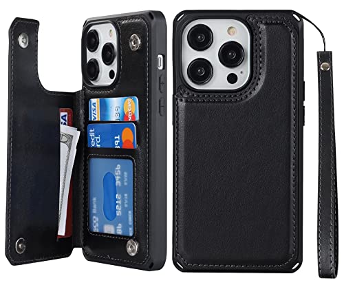 iCoverCase Compatible with iPhone 14 Pro Max Wallet Phone Case with Card Holder for Women, RFID Blocking Embossed PU Leather Wrist Strap Case 6.7 Inch (Macaron Black) - color: P-Black