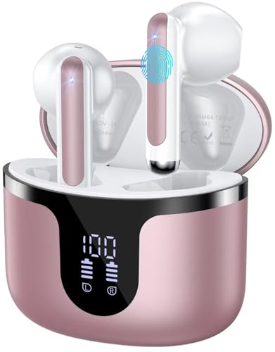 Wireless Earbuds, Bluetooth 5.4 Headphones HiFi Stereo with 4 HD Mic, 50H Playtime Bluetooth Earbuds with Dual LED Display, IPX7 Waterproof Wireless Earphones, Touch Control Ear Buds,USB-C, Rosa Gold