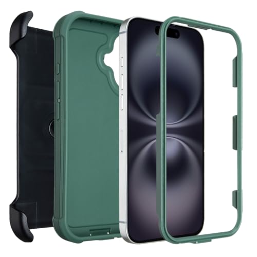 for Defender Case iPhone 16 Phone Case with Belt Clip Heavy Duty Dark Green | Protective iPhone 16 Cases Kickstand Rugged with 2 Layers of Sturdy, Shockproof Phone Cover for iPhone16 Case Black 6.1 inch - color: Dark Green