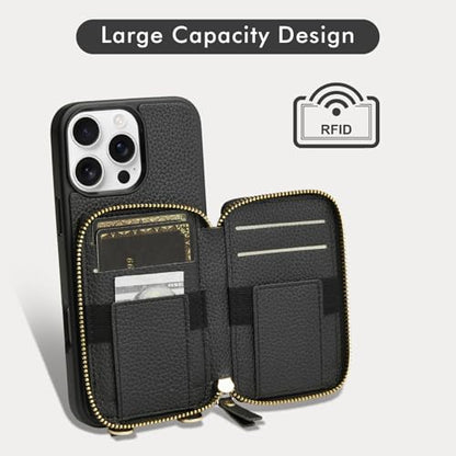 LAMEEKU Compatible with iPhone 16 Pro Max Wallet Case with Credit Card Holder, Leather Crossbody Case with Phone Grip Holder Stand Wrist Strap for iPhone 16 Pro Max 6.9 inch Black - color: Black, size: iPhone 16 Pro Max 6.9''