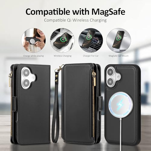 Antsturdy Compatible with MagSafe iPhone 17 Wallet Case,Black | Detachable Magnetic Credit Card Holder,RFID Blocking,PU Leather Zipper Purse,Wrist Strap Kickstand,Flip Phone Cover for Women - color: (Detachable with Magsafe)-Black