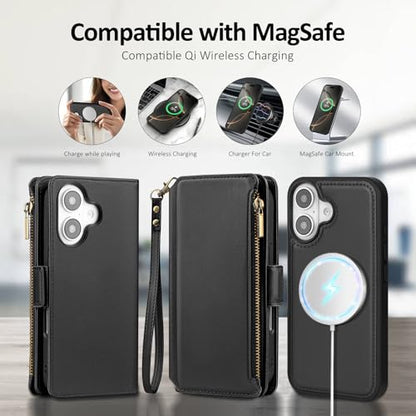 Antsturdy Compatible with MagSafe iPhone 17 Wallet Case,Black | Detachable Magnetic Credit Card Holder,RFID Blocking,PU Leather Zipper Purse,Wrist Strap Kickstand,Flip Phone Cover for Women - color: (Detachable with Magsafe)-Black