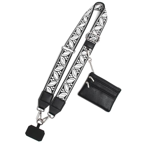 Phone Strap with Zippered Pouch, Clip and Go Strap for Phone with Wallet Crossbody, Adjustable Crossbody Phone Strap-3 - color: Leaves Black