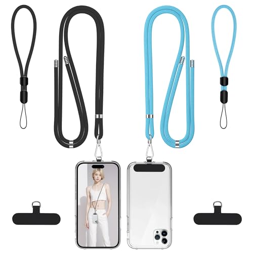 takyu Phone Lanyard, 2 Pack Adjustable Cell Phone Lanyard Crossbody Neck Strap and 2 Pack Phone Wrist Strap with Tether Tabs Compatible for iPhone Smartphones-Black Blue - color: Black+blue