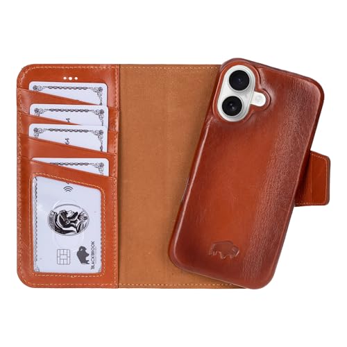BLACKBROOK Wallet Case for iPhone 16 – Burkley 2-in-1 Detachable Folio, MagSafe Compatible, RFID Blocking – Full Grain Leather with Natural Patina, 3 Card Slots, Premium Gift Box - color: Burnished Tan, size: iPhone 16
