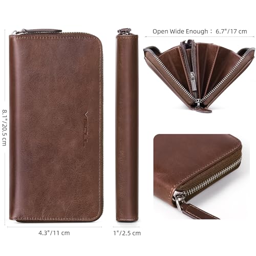 VISOUL Leather Long Zipper Pouch Wallet for Men and Women with RFID Blocking, Large Clutch Cash Long Wallet with Zipper (Brown) - color: Brown