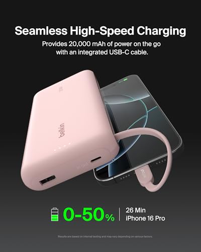 Belkin 20000mAh 30W USB C Power Bank, Portable Charger for iPhone & iPad - color: Pink, style: 20K mAh