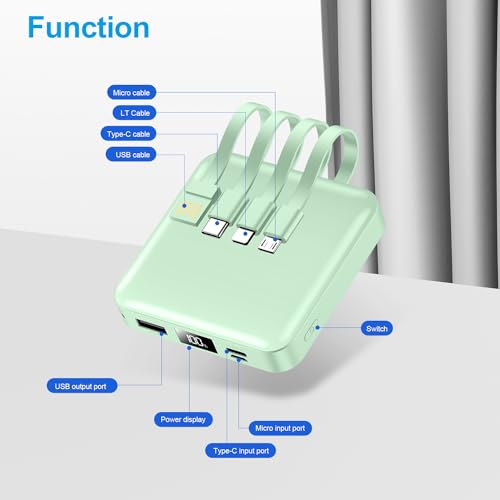 ummz Mini Portable Charger with Built-in 4 Cables，12000mAh Small Power Bank - color: green