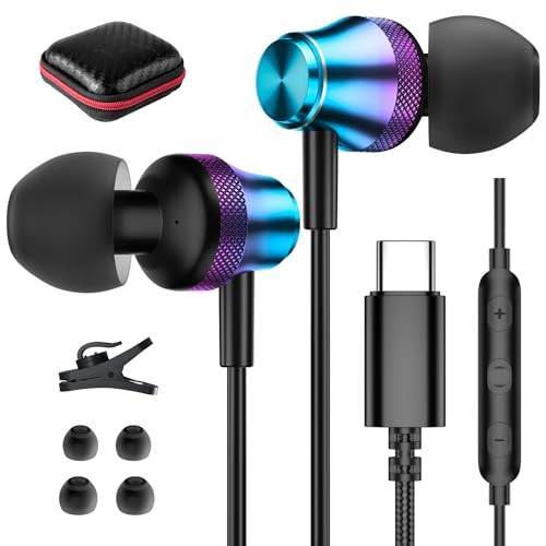 USB C Headphone Wired Earbuds for Samsung S26 Ultra S25 FE S23 A17 A16 A36 - color: Purple Blue