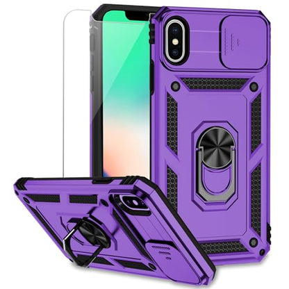 for iPhone XS Max Case with Camera Lens Cover HD Screen Protector, Dual Layer Military Grade Drop Protection Magnetic Ring Holder Kickstand Protective Phone Case for iPhone XS Max 6.5 inch (Purple) - color: Purple with camera cover Military-Grade 2nd gen