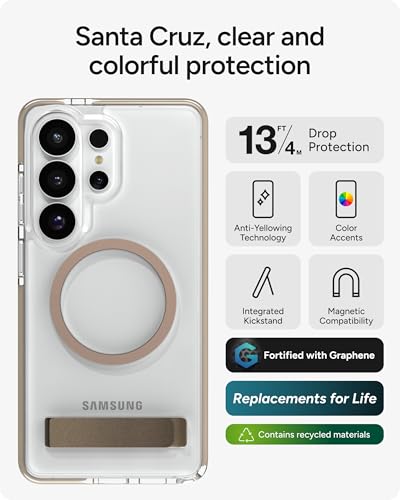 ZAGG Santa Cruz Snap Samsung Galaxy S26 Ultra Case with Kickstand - Titanium Gray, Magnetic Crystal Clear Protective Phone Cover, 13ft Drop Protection, Graphene Reinforced, Slim Case with Stand - color: Titanium Gray, size: Samsung Galaxy S26 Ultra