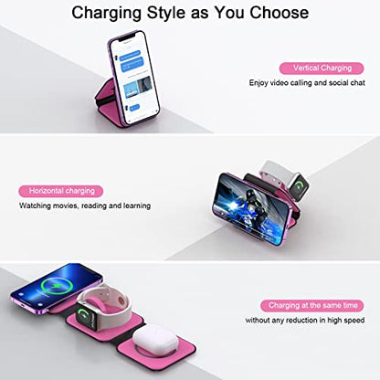 3 in 1 Wireless Charging Station for Apple,Foldable Magnetic Travel Charger - color: rose red