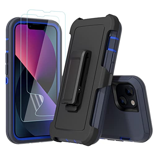 Compatible with iPhone 13 6.1 inch Case,with Screen Protectors,Heavy Duty Rugged Shockproof Full Body Protection Kickstand Case with Belt Clip Holster for iPhone 13 Phone (Blue) - color: Blue