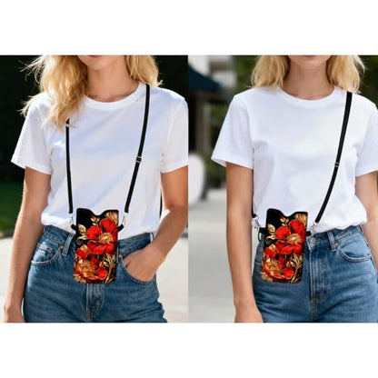 Men Women Neoprene Cell Phone Sleeve Pouch Case Bag with Crossbody Strap/Neck Lanyard 7.5 X 4.3 in (Red Floral Pattern) - color: Red Floral Pattern