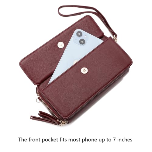 RFID Crossbody Wallet Wristlet Purse with Phone Pocket For Women Vegan Leather - color: Burgundy
