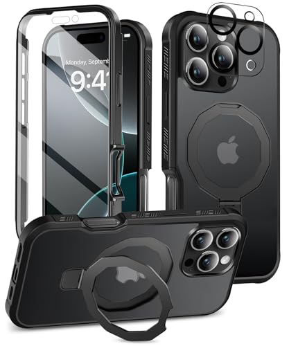 Compatible with iPhone 16 Pro Case, Built-in Screen Protector & Seamless Stand, with Camera Lens Protector, Strong Magnetic Matte Phone Case, Full Body Protective Cover for 6.3 Inch (Black) - color: Black, size: iPhone 16 Pro 6.3"
