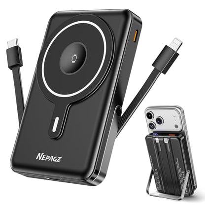 for Magsafe Portable Charger, 10000mAh Power Bank, Dark Black | PD 22.5W Fast Charging with USB-C Cable, Foldable Stand, Magnetic Wireless Charger for iPhone 17/16/15/14/13/12 Series - color: Dark Black