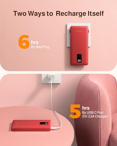 charmast 10000mAh Portable Charger with Built-in Cables and AC Wall Plug - color: Red