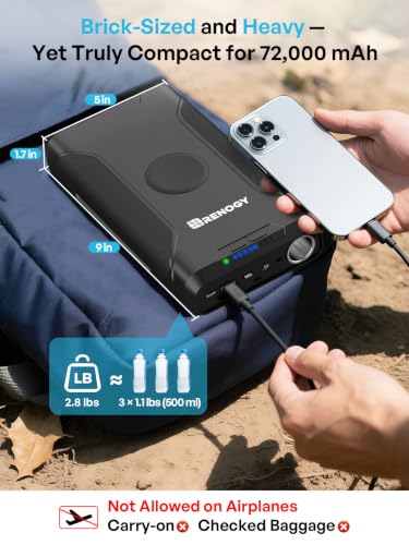Renogy 72000mAh 266Wh 12v Power Bank with 60W PD, CPAP Battery for Camping, High Capacity Large Camping Power Bank with USB-C DC Wireless Charging & Flashlight, Backup Power Supply for Starlink Mini