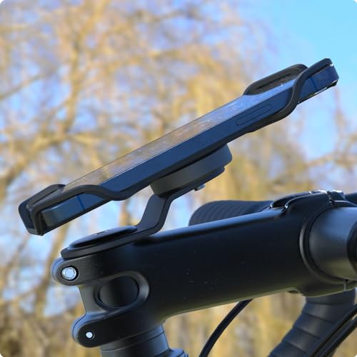 Bike Stem Phone Mount with Shockproof Silicone Grip – Quick-Lock Aluminum Out-Front Holder with Dual Safety Buckles & Elastic Strap, Fits 4.0”–6.7” Phones – Secure Fit for Road & Urban Rides - style: 【2-Buckle Style】Handlebar Mount + Silicone Adapter - Bl