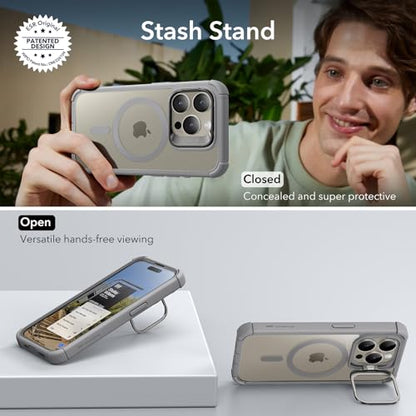 ESR for iPhone 15 Pro Case with Stand, Compatible with MagSafe, Full-Body Military-Grade Drop Proof Case with Built-in 9H+ Tempered Glass Screen Protector, Armor Series, Clear Grey - color: Clear Grey + Stand