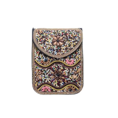 Women's Mobile Phone Bag, Cellphone Pouch, Retro Beads Shoulder Bag, Handcrafted Embellished Clutch Purse, Beaded Design - color: 16a