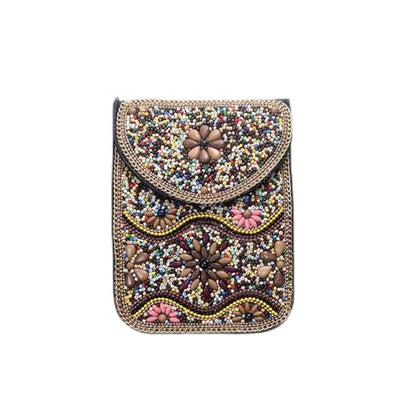 Women's Mobile Phone Bag, Cellphone Pouch, Retro Beads Shoulder Bag, Handcrafted Embellished Clutch Purse, Beaded Design - color: 16a