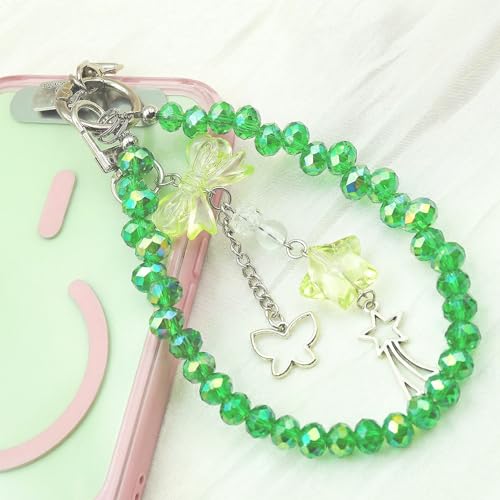 Crystal Beaded Phone Wrist Strap, Cute Cellphone Lanyard Chain, Bow Keychain Wristlet Bag Charms for Women - color: Green