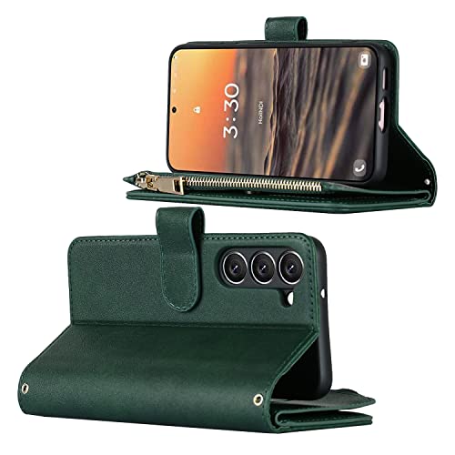 iCoverCase for Samsung Galaxy S23 Wallet Case with Card Holder, Kickstand Feature PU Leather Case with Adjustable Crossbody Lanyard Magnetic Clasp Zipper Pocket Flip Cover (Green) - color: Green, size: Galaxy S23