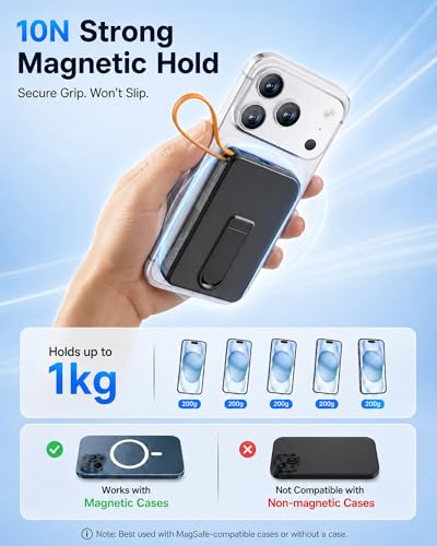 for Magsafe Portable Charger, 3-in-1 Magnetic Power Bank with Stand, 10000mAh Wireless Battery Pack Fast Charging with Built in Cable(USB C), Powerbank for iPhone17/16/15/14/13 Travel & Daily, Green | Built-in USB C Cable, Foldable Stand for Viewing, Up t