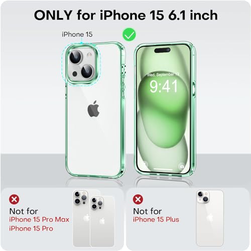 MOCCA Compatible with iPhone 15 Case Clear, [Non-Yellowing][Supports Wireless Charging] Slim Thin Shockproof Transparent Bumper Cover Phone Case for iPhone 15 - Light Green
