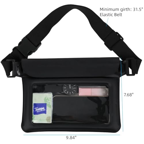 Waterproof Bag Set IPX8 2 Pcs: Black 9.8" Clear Fanny Pack & 7" Waterproof Phone Pouch, Floating Phone Case, Water Proof Dry Bag with Adjustable Strap for Beach Swim Kayak Boat Cruise Essentials - color: Black fanny pack + Phone pouch 7"