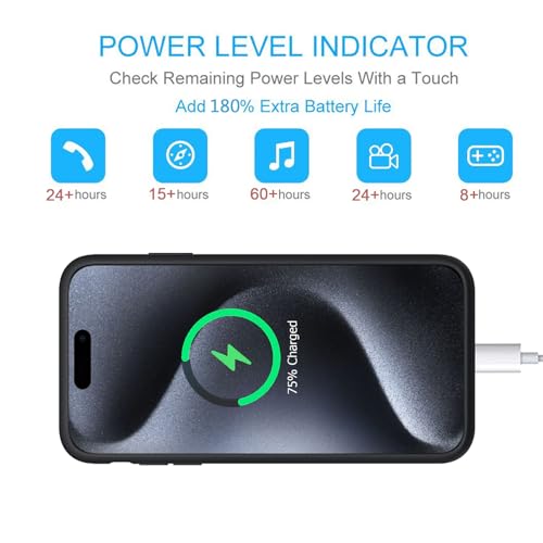Battery Case for iPhone 15 Pro, 10000mAh Portable Protective Charging Case with Wireless Charging Compatible with iPhone 15 Pro (6.1 inch) Extended Battery Pack Charger Case with Carplay (Black) - size: iPhone 15 Pro