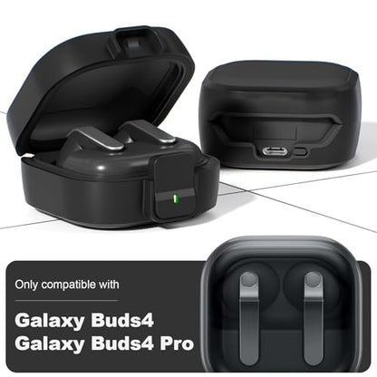 for Samsung Galaxy Buds 4 Pro/Buds 4 Case (2026) with Secure Safety Lock Clip,Shockproof Scratch-Resistant Hybrid PC+TPU Soft Shell Protective Cover Accessories with Carabiner&Cleaning Pen(Black) - color: Black Edge-Black