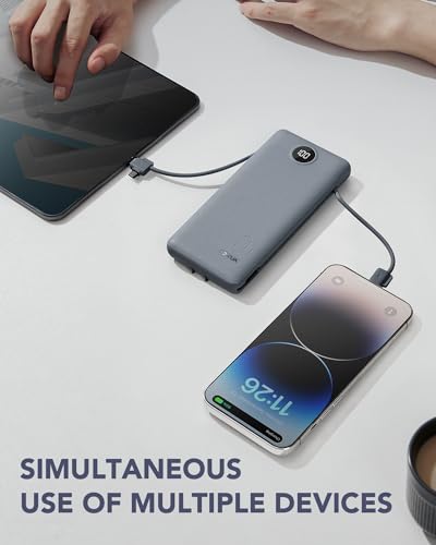 VRURC Portable Charger Built-in Cables and AC Wall Plug, USB C Power Bank 10000mAh, Travel Battery Portable Phone Charger Compact Lightweight External Battery Pack for Smart Phones, Tablets etc-Grey - color: Grey