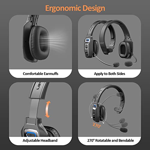 LEVN Bluetooth Headset with Microphone, Trucker Bluetooth Headset with AI Noise Cancelling & Mute Button, Wireless On-Ear Headphones 65 Hrs Working Time, for Trucker Home Office Remote Work Zoom - color: Black