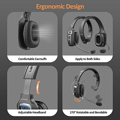 LEVN Bluetooth Headset with Microphone, Trucker Bluetooth Headset with AI Noise Cancelling & Mute Button, Wireless On-Ear Headphones 65 Hrs Working Time, for Trucker Home Office Remote Work Zoom - color: Black