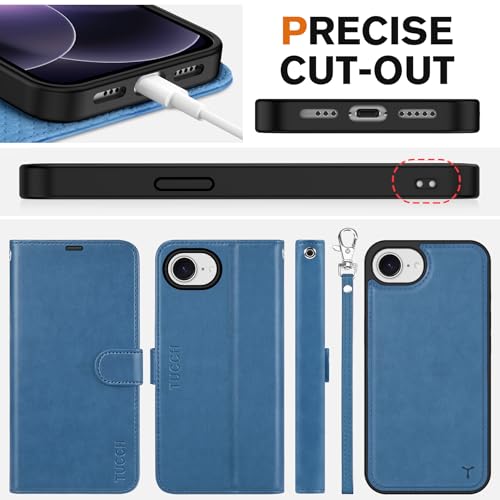 TUCCH 2-in-1 Removable Wallet Case for iPhone 17e & 16e (6.1"), Light Blue | RFID Blocking, 4 Card Holders, Kickstand, Wrist Strap, Wireless Charging, Shockproof TPU, PU Leather, Magnetic, Flip Cover - color: Light Blue