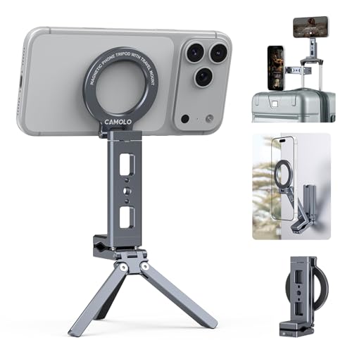 Magnetic Phone Tripod,360°Rotating Adjustable Travel Tripod Mount,Foldable Cell Phone Stand with Clip&1/4" Screw for iPhone 17/16/15/14/13/12 Pro Max&Magsafe Tripod,Fits Gym,Vlog,Travel,Kitchen