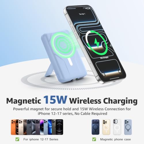 Azmuth for MagSafe Portable Charger, 10000mAh Magnetic Power Bank 20W PD | Fast Charging,Wireless Battery Pack with LED Display & Stand,Travel Essentials,for iPhone 17/16/15/14/13/12 Series - color: Light Blue
