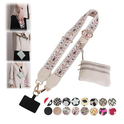Phone Strap with Zippered Pouch, Clip and Go Strap for Phone with Wallet Crossbody, Adjustable Crossbody Phone Strap-3 - color: Bohemian White