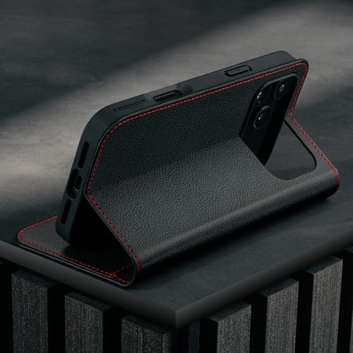 TORRO Leather Case Compatible with iPhone 17 Pro Max 6.9" 2025 - Premium Leather Wallet Flip Case with Kickstand and Card Slots (Compatible with Official MagSafe Chargers) - Black - color: Black with Red Detail, size: iPhone 17 Pro Max