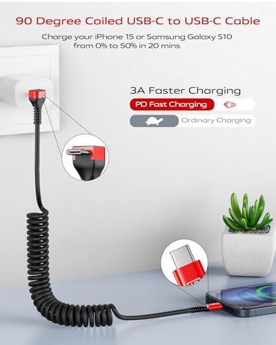 90 Degree USB C to C Cable for CarPaly/Android Auto, [3FT, 2-Pack] Coiled - color: Red, size: 3FT
