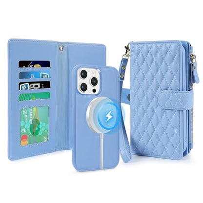 for iPhone 14 Pro Max Case Wallet,Compatible with MagSafe 2 in 1 Magnetic Detachable PU Leather RFID Blocking Wallet Cover Card Holder Zipper Wrist Strap Lanyard,Quilted Blue - color: Quilted Blue, size: iPhone 14 Pro Max