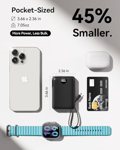 Portable Charger Power Bank 10000mAh, 45% Smaller Built-in Cables & AC Plug - color: Black