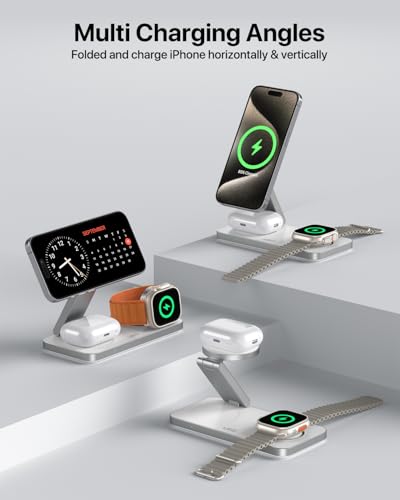 UEQ 3-in-1 Charging Station for Apple Devices,QI2.2 25W Ultra-Fast Magnetic Wireless Charger Stand,Compatible with MagSafe,Foldable Travel Charger for iPhone Air/17/16/15/14/13/12,Apple Watch,AirPods - color: White