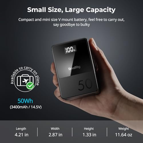 SMALLRIG V Mount Battery VB50, 50Wh / 3400mAh PD45W Mini V-Mount Battery | 1.5H Full Charge, with USB-C, D-TAP, USB-A, Dual DC Ports, OLED Screen, for Cameras, Phones, Camcorders, Monitors