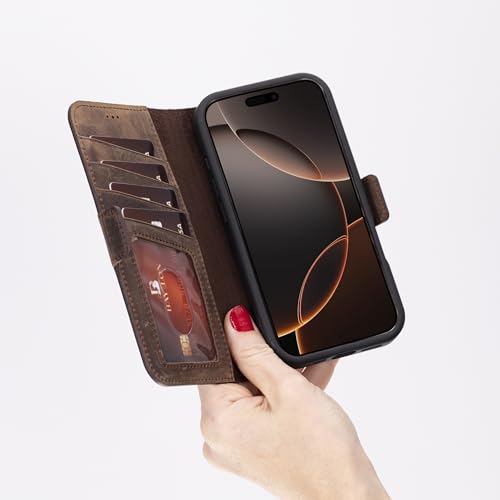 Bayelon Leather Wallet Case for iPhone 16 Pro 6.3" - Flip Cover Card Holder, iPhone 16 Pro Wallet Folio Case, Kickstand, MagSafe Compatible RFID, Real Leather iPhone 16 Pro Cover (Dark Brown) - color: Dark Brown, size: iPhone 16 Pro