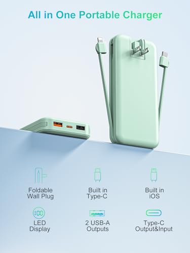 citicr Portable Charger 10000mAh PD20W w/Built-in Cables & Wall Plug Green - color: Green