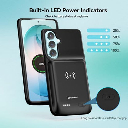 NEWDERY 9500mAh Battery Case for Samsung Galaxy S26 Plus/S25 Plus Black | Protable Charger Case with Led Indicators, Qi Wireless Charging Supported, Rechargeable Battery Pack for Travel Use - size: For Galaxy S26 Plus 6.7"